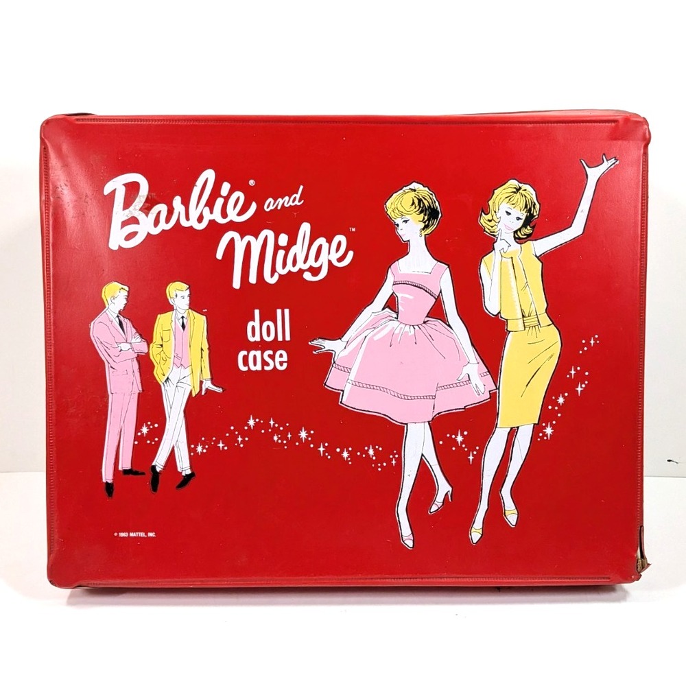 Vintage 1963 Mattel Barbie and Midge Red Vinyl Doll Case with 4 Dolls